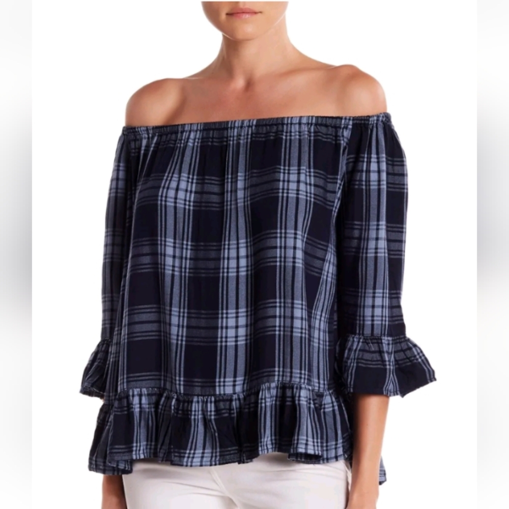 For The Republic Plaid Off Shoulder Peplum Top